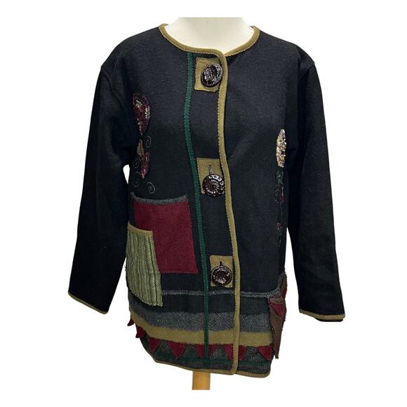 Parsley & Sage Sweater Jacket Womens S Black Multi Wool Patchwork Artful Cottage - Picture 2 of 16